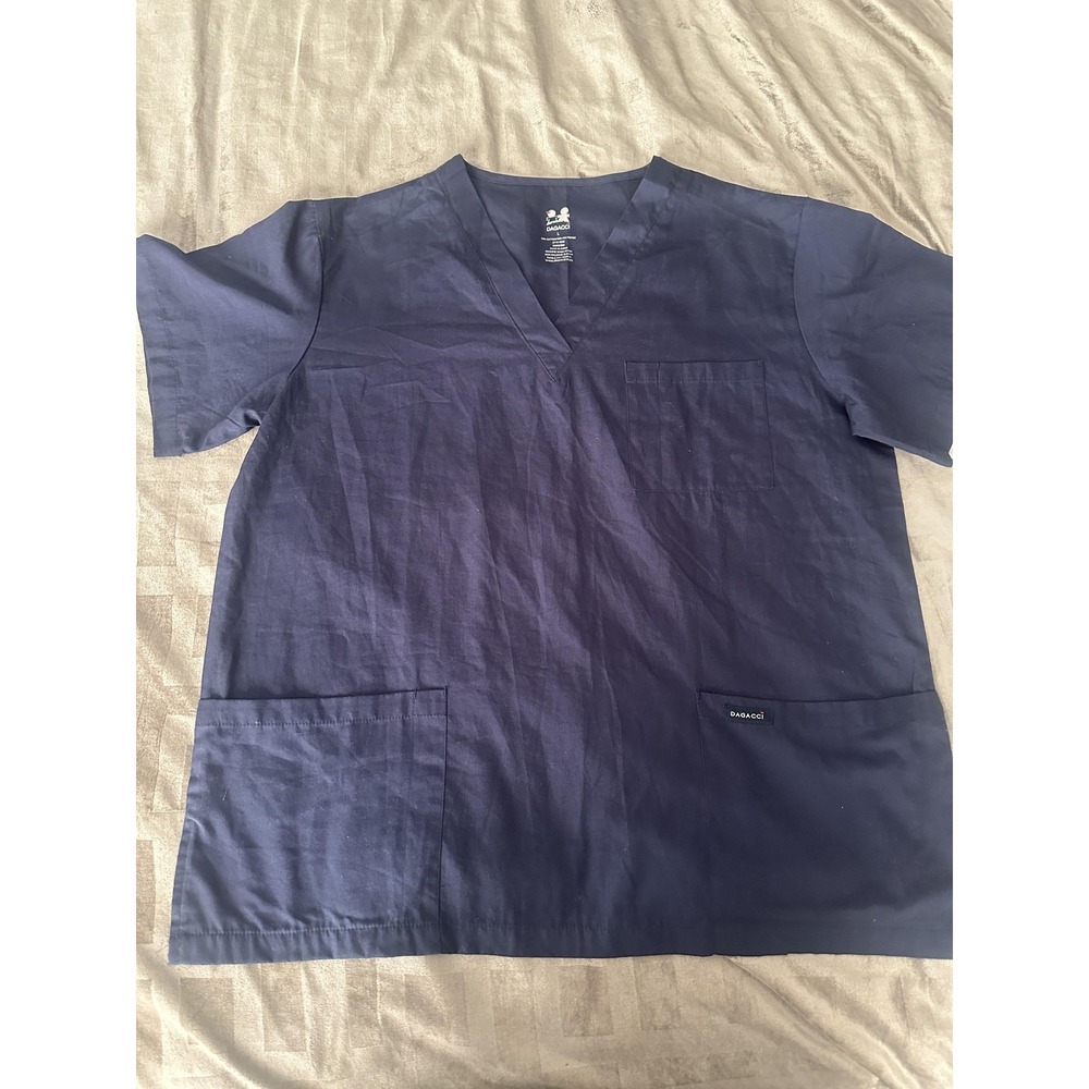 Dagacci Scrub Top Unisex Large Navy Blue V‎ Neck 3 Pocket Medical Nursing